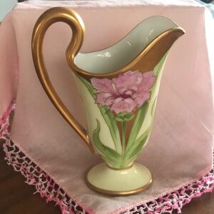 Limoges Gold and Pink Floral Pitcher